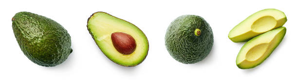 Fresh whole, half and sliced avocado isolated on white background, top view