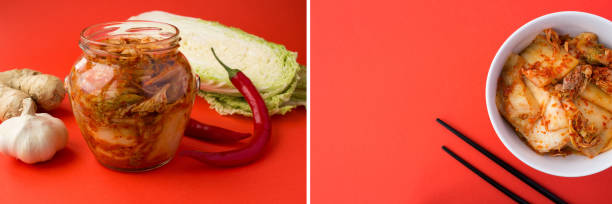 Collage of kimchi on the red background. Close-up. Copy space.