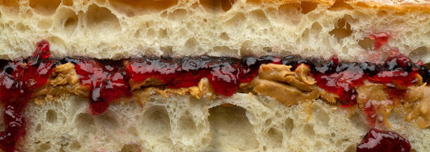 Cross section of a peanut butter jelly sandwich.