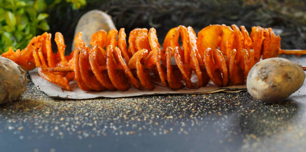 Fried swirls of tornado potato on skewer