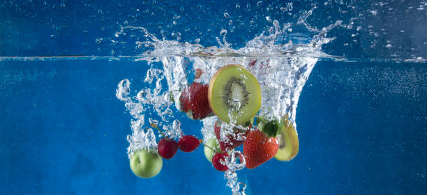 fruit, water, splash, cherry, kiwi, plum, strawberry