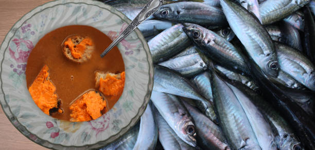 Sea fish soup with croutons and rouille French cuisine
